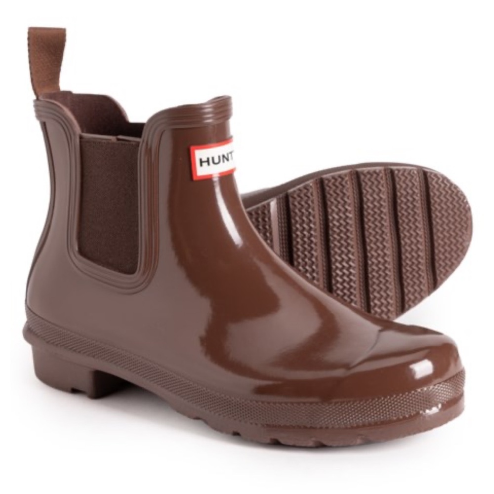 Hunter Glossy Chocolate Brown Ankle Rain Boots Wellies